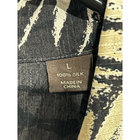 Tasso Elba Silk Button Front Hawaiian Shirt Black Beige Sz Large Feather Print - Picture 6 of 10